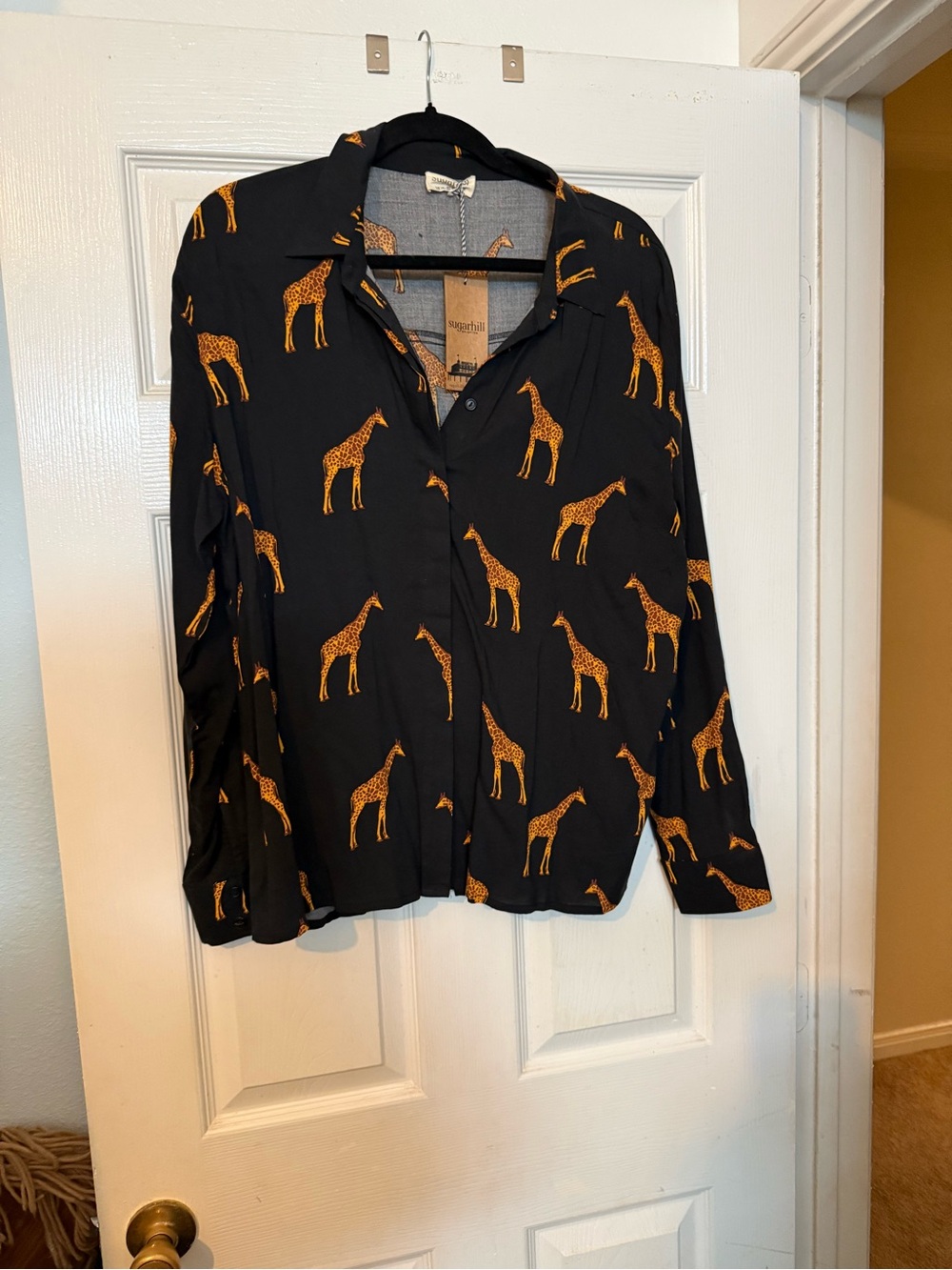 Modcloth Black Button-Down Shirt with Orange Giraffe Print